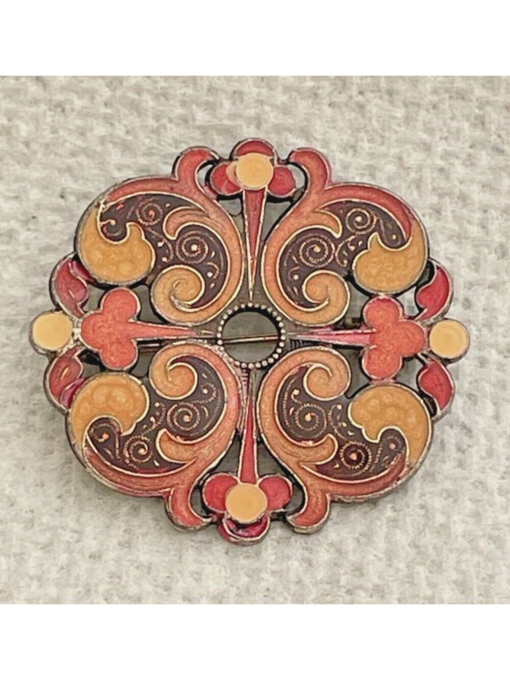 Antique Art Nouveau Celtic Revival Champleve Enamel Trombone Clasp Brooch Pin 1.